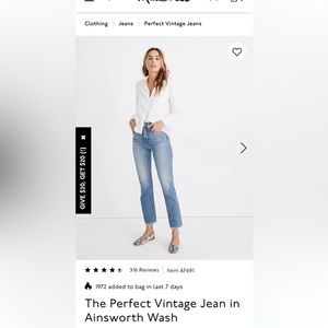 Madewell Perfect Vintage Jeans. Size 24 regular.